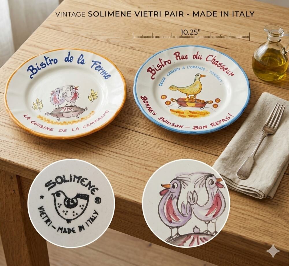 Vtg Solimene Vietri Italy Bistro Plates Set of 2 Hand Painted Dinner 10.25"